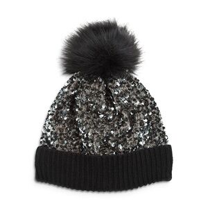 Jocelyn Kids Sequin Beanie with Pom-Pom - Black and Silver